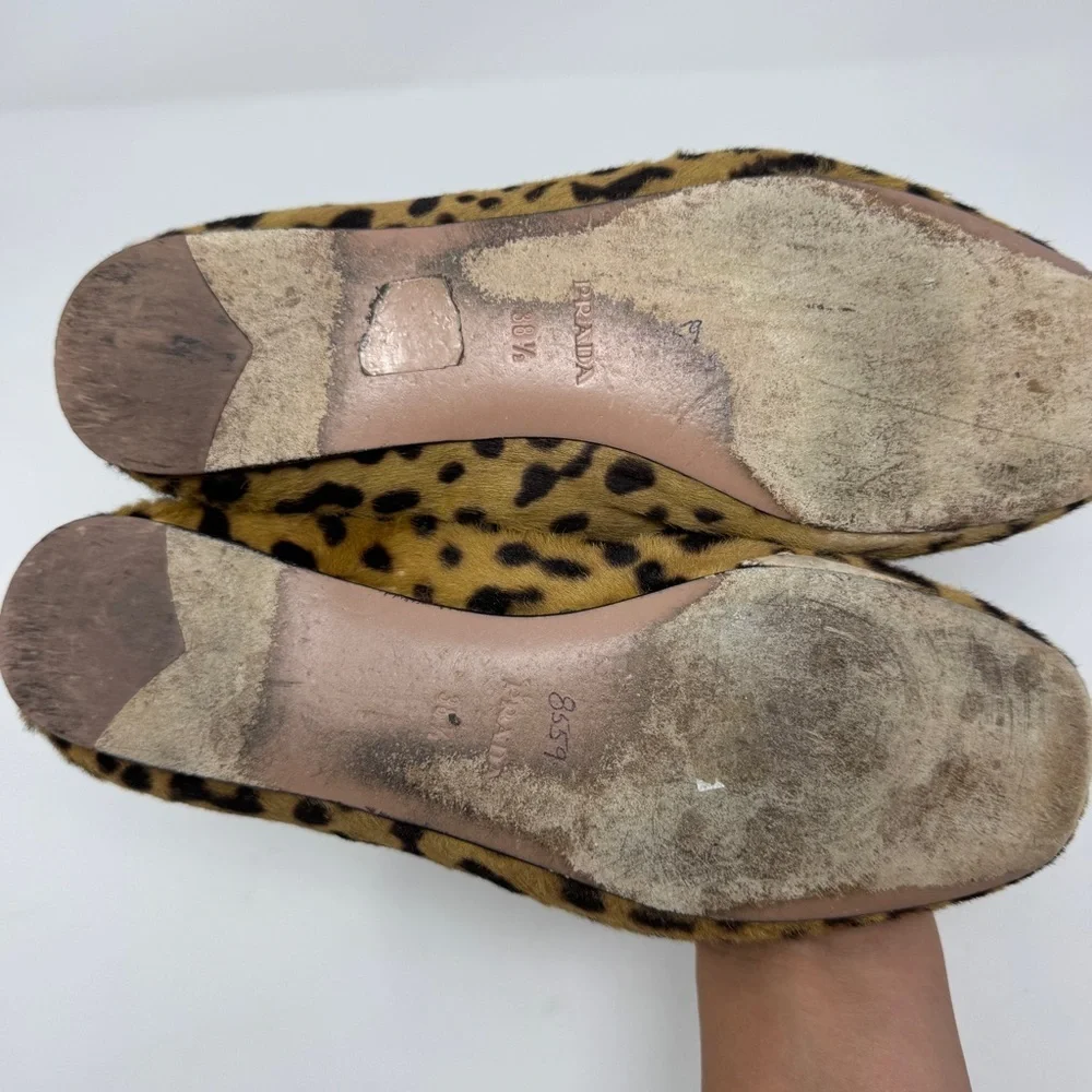 Prada Brown Black Pony Hair Leather Cheetah Print Loafer Flats